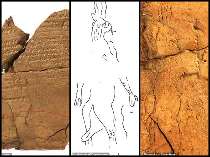 "Con quỷ" trên bản khắc đá và hình vẽ được các nhà khoa học phục dựng trên giấy (giữa) - Ảnh: UNIVERSITY OF COPENHAGEN