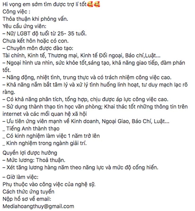 Tranh cãi nổ ra khi Hoàng Thuỳ tuyển trợ lý “nữ hoặc LGBT“ với loạt yêu cầu - 1