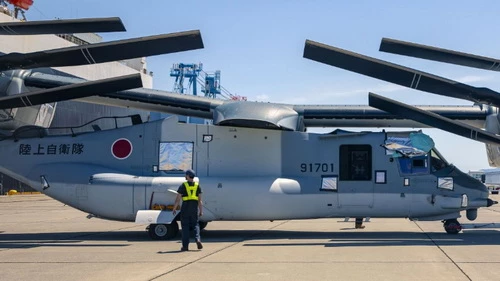Máy bay cánh quạt lật MV-22B Block C Osprey đầu tiên của Nhật Bản. Ảnh: Jane's 360.