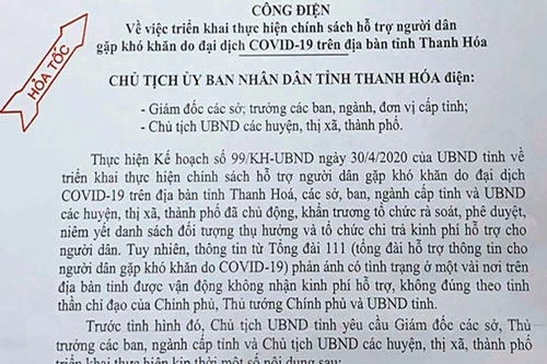 Công điện hỏa tốc của Chủ tịch UBND tỉnh Thanh Hóa.