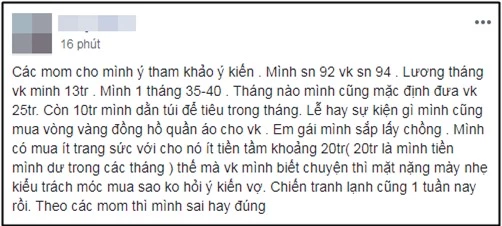 Bài viết được anh chồng T.N chia sẻ trên mạng xã hội.