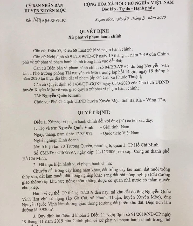 Quyết định xử phạt hành chính đối với ông Nguyễn Quốc Vinh của UBND huyện Xuyên Mộc.