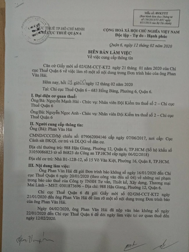 Biên bản làm việc giữa Chi cục Thuế quận 6 với ông Phan Văn Hải, người tố cáo những sai phạm của công ty Mai Lành
