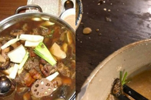 Mải mê húp nước lẩu, đến khi nhìn xuống thì anh chàng mới "nổi da gà" vì thứ này chình ình bên trong