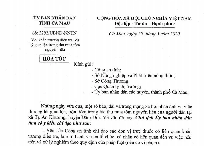 Công văn khẩn trương điều tra, xử lý gian lận trong thu mua tôm nguyên liệu do ông Nguyễn Văn Sử - Phó Chủ tịch UBND tỉnh Cà Mau ký