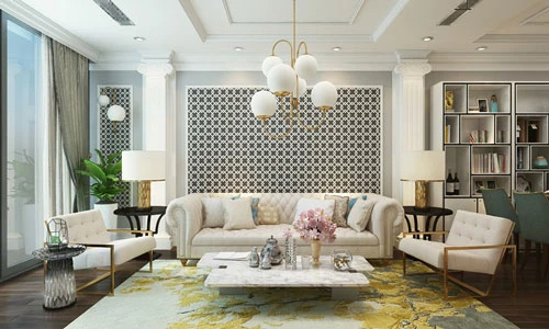 Phòng khách được trang trí với sofa màu trắng, phù hợp với kiến trúc nhà mặt tiền hẹp.
