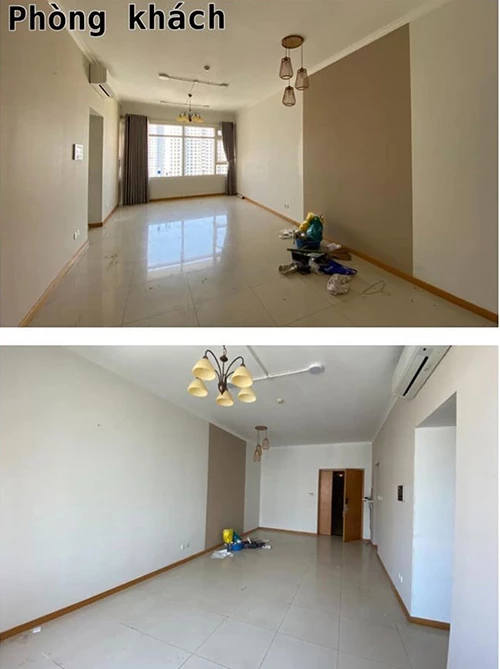 Căn hộ của nhạc sĩ Nguyễn Văn Chung trước khi cải tạo. Không gian sống của gia đình anh có diện tích 90 m2. Phòng khách có ưu điểm vuông vức, tách biệt với bếp và các phòng chức năng. 