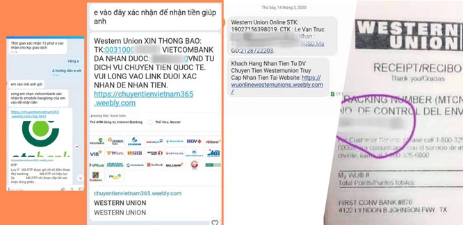 Các đối tượng lừa đảo dẫn dụ bị hại đăng nhập vào đường link website giả mạolập một hóa đơn, chứng từ tiếp nhận tiền của dịch vụ chuyển tiền quốc tế Western Union rồi gửi tin nhắn hình ảnh cho bị hại. 