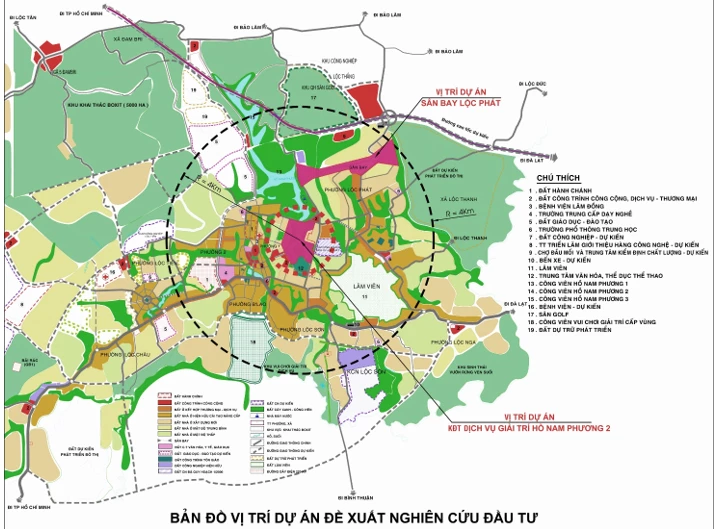 Vị trí Dự án Sân bay Lộc Phát và Dự án Khu đô thị, dịch vụ giải trí Hồ Nam Phương 2 doanh nghiệp đề xuất đầu tư tại TP. Bảo Lộc.