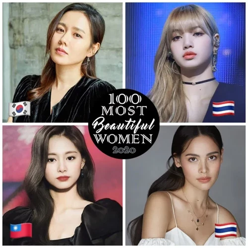 4 gương mặt được cho là đẹp nhất thế giới. Từ trái sang, từ trên xuống: Son Ye Jin (Hàn Quốc), Lalisa Manoban (Thái Lan), Tzuyu (Đài Loan), Urassaya Sperbund (Thái Lan).