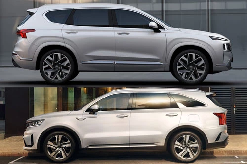 Hyundai Santa Fe 2021 và Kia Sorento 2021 (dưới).