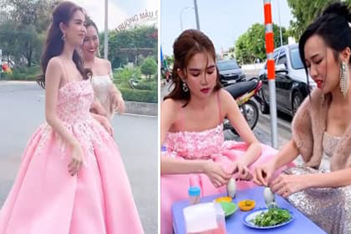 Ngọc Trinh - Diệu Nhi lên đồ váy áo lồng lộn chỉ để... đi ăn trứng vịt lộn