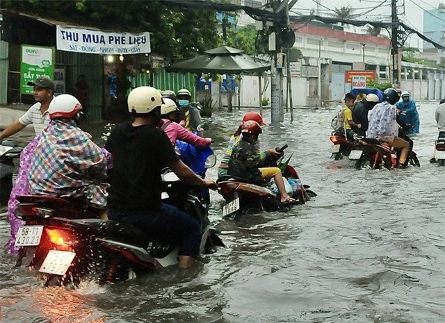 TP.HCM ngập sâu sau cơn mưa lớn, người xe bì bõm lội nước - Ảnh 1.