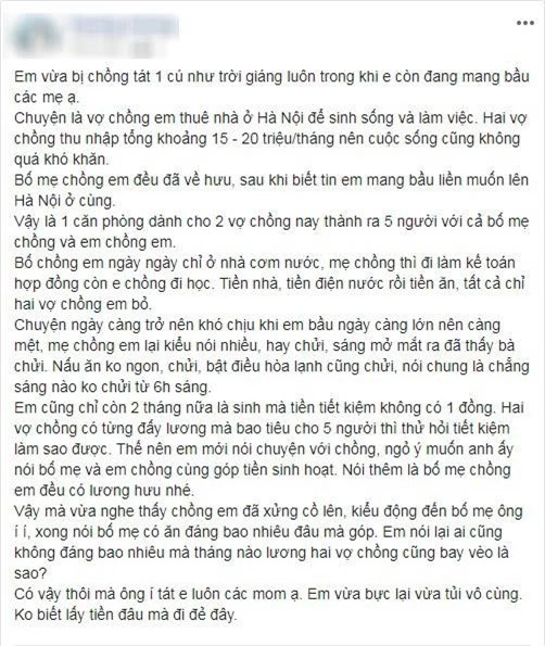 Tâm sự của người vợ bầu bị chồng đánh chỉ vì ngỏ ý muốn bố mẹ chồng góp tiền sinh hoạt phí.