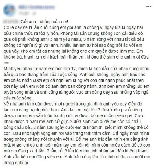 Vợ vô sinh gửi chồng bức thư đẫm nước mắt trước ly hôn, cư dân mạng lặng người - 1