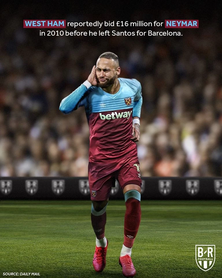 2. West Ham đã gửi lời đề nghị trị giá 11 triệu Bảng tới Santos để hỏi mua Neymar vào năm 2010