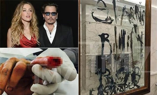 Johnny Depp bị cứa đứt ngón tay trong cuộc cãi vã. Sau đó anh dùng máu và dầu viết chữ khắp nhà, trong đó có tên Billy Bob Thornton - bạn diễn của Amber Heard.