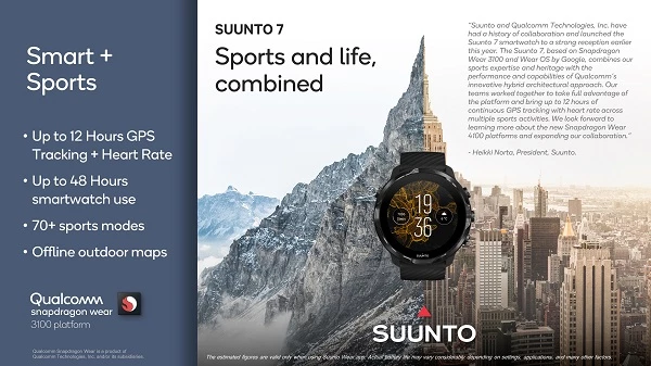 đồng hồ thông minh Suunto 7 đầu năm nay. Được phát triển trên nền tảng Snapdragon Wear 3100 và Wear OS của Google