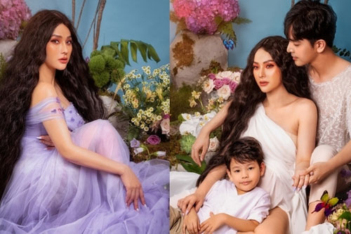 Thu Thủy 'vác' bụng bầu chụp ảnh cùng chồng con