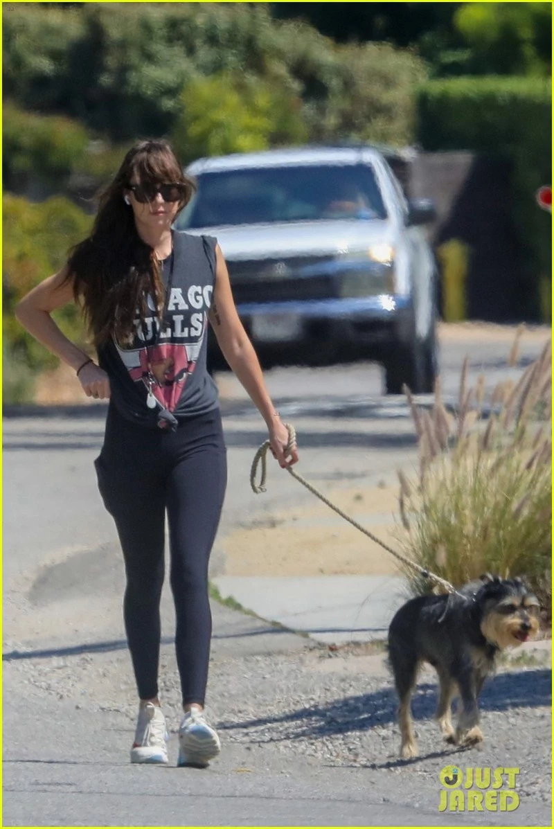 Dakota Johnson một mình dắt thú cưng đi dạo ở California ngày 26/6 vừa qua.
