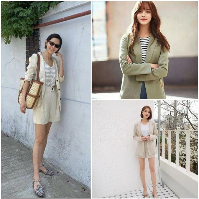 Phái đẹp cũng có thể biến hóa set đồ với quần short dài cùng áo khoác blazer đơn giản đi làm trở thành bộ đồ đi chơi, dạo phố cuối tuần chỉ với vài thao tác kết hợp chiếc túi mây, kính mát hoặc mũ panama. Mặc khác, các bạn cũng nên chọn cho mình đôi giày sandal, búp bê và các phụ kiện trang sức đi kèm.