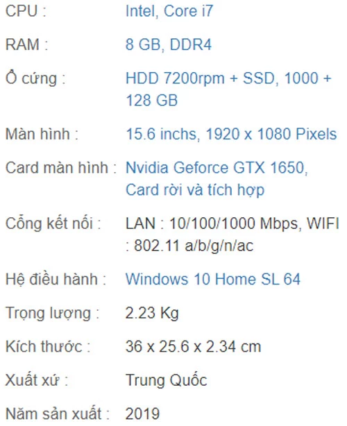 Cấu hình của HP Pavilion Gaming 15.