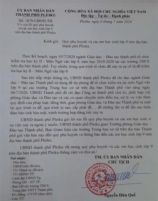 Chủ tịch TP Pleiku xin lỗi học sinh, phụ huynh vụ lộ đề thi - Ảnh 1.