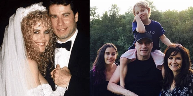 John Travolta và Kelly Preston năm 1991 (trái) và cặp sao bên hai người con năm 2019 (phải).