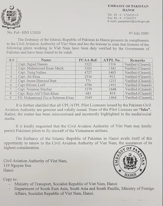 Đại sứ quán Pakistan tại Hà Nội thông báo danh sách các phi công có bằng lái đã được Chính phủ Pakistan xác nhận hợp pháp và hiện đang có giá trị.