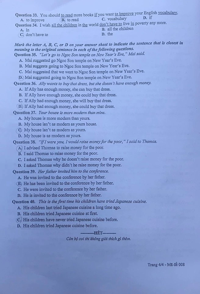 Đề thi Tiếng anh tại Hà Nội mã 008. 