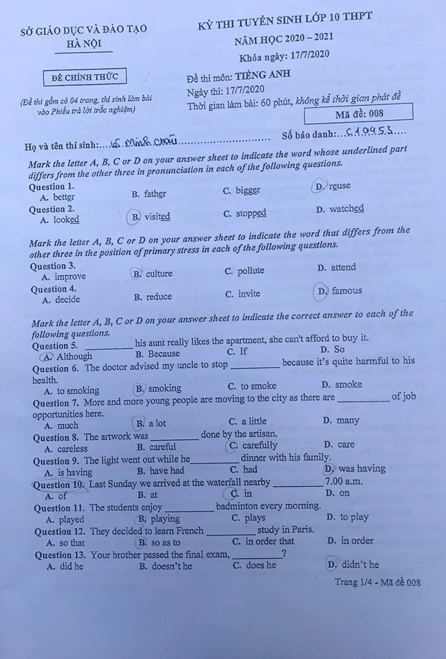 Đề thi Tiếng anh tại Hà Nội mã 008.