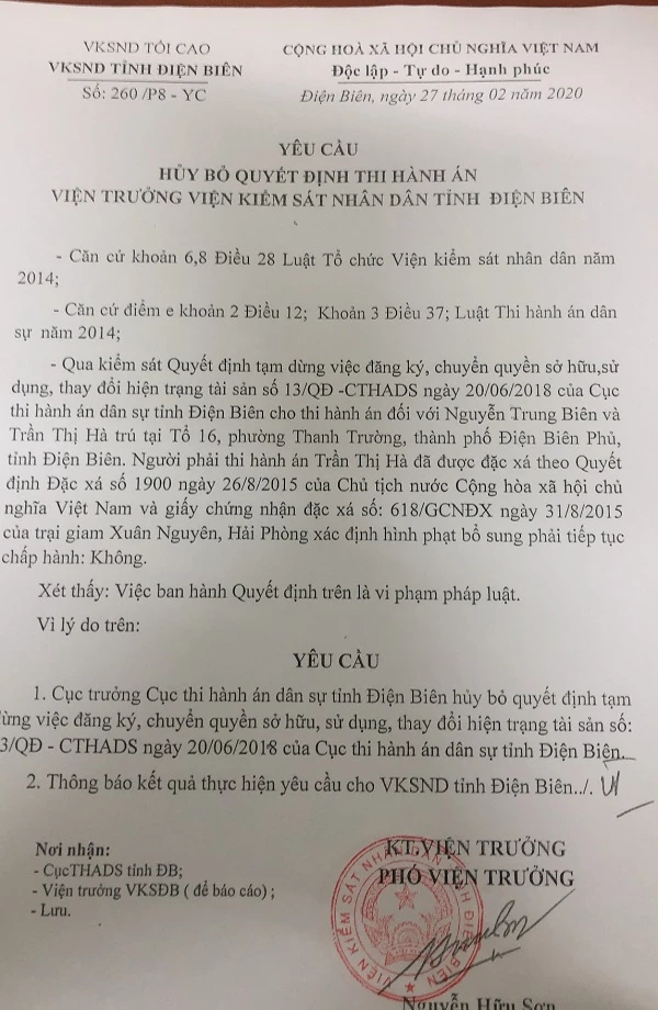 Yêu cầu Hủy bỏ Quyết định thi hành án vi phạm pháp luật của Viện Kiểm sát nhân dân tỉnh Điện Biên vẫn chưa được thực hiện.