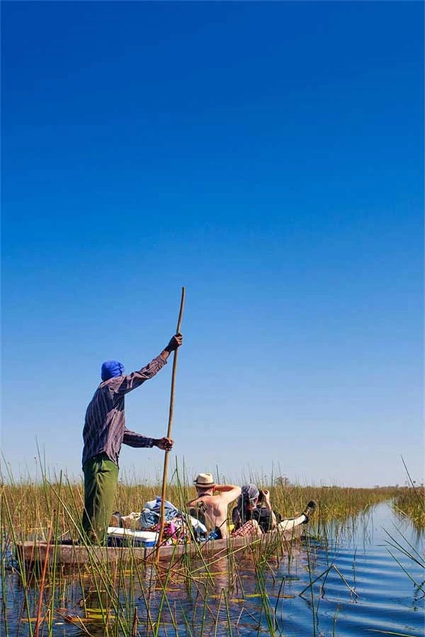 Ngồi trên Mokoro băng qua đồng bằng sông Okavango