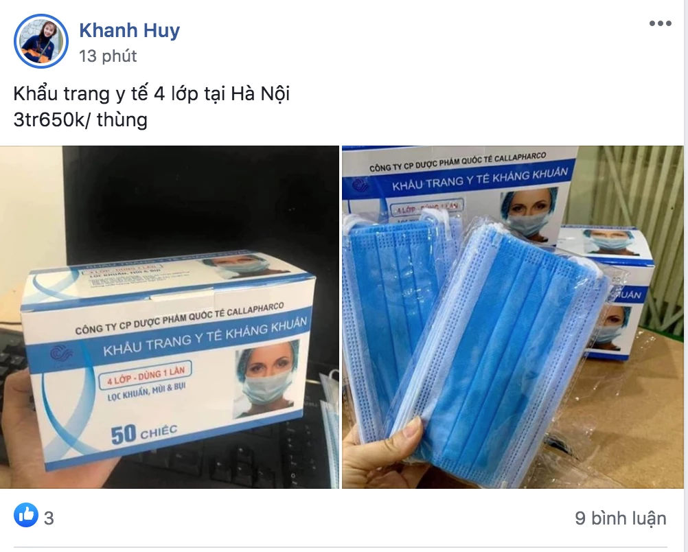 Một tài khoản trên mạng xã hội Facebook đang rao bán khẩu trang với giá hơn 3,5 triệu đồng/thùng.