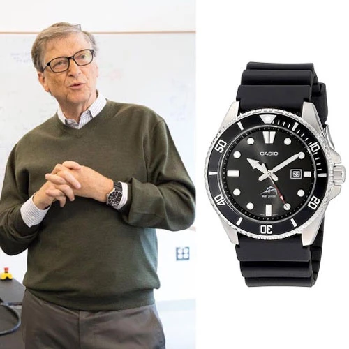 Bill Gates: Người đồng sáng lập Microsoft có thói quen sống tiết kiệm và không chi nhiều tiền cho những món đồ xa xỉ dù sở hữu khối tài sản lên tới 113,8 tỷ USD, là người giàu thứ hai thế giới, theo Forbes. Với đồng hồ cũng vậy. Ông thường xuất hiện với những chiếc đồng hồ của thương hiệu Casio, trong đó có chiếc Casio Duro với giá bán lẻ 69,95 USD. Ảnh: Reuters/