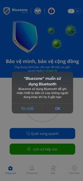 Bước 3: Mở ứng dụng và tại giao diện chính, Bluezone yêu cầu quyền truy cập Bluetooth, bạn nhấn Đồng ý/OK