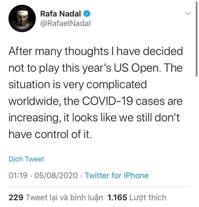 Nadal bỏ giải quần vợt Mỹ mở rộng 2020 vì lo ngại COVID-19 - Ảnh 1.