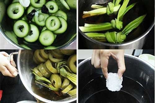 Cắt bí đao thành khoanh dày đem đun với mía, lá dứa lấy nước uống giúp thải độc cơ thể, đẹp da