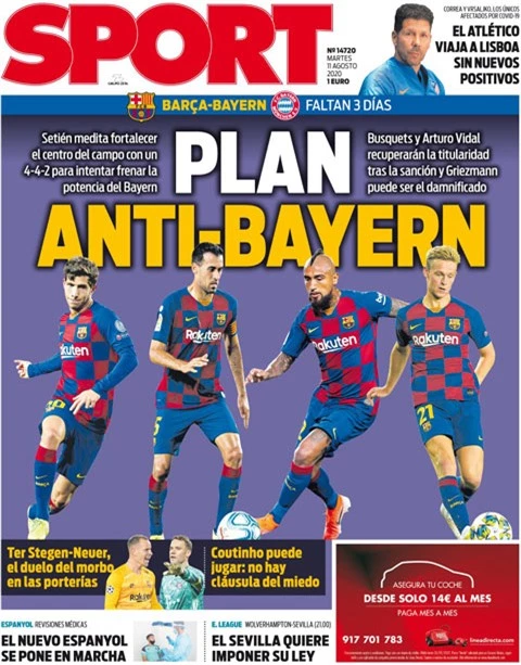 Tờ Sport cho rằng Barca sẽ sử dụng sơ đồ 4-4-2 kim cương để đấu với Bayern