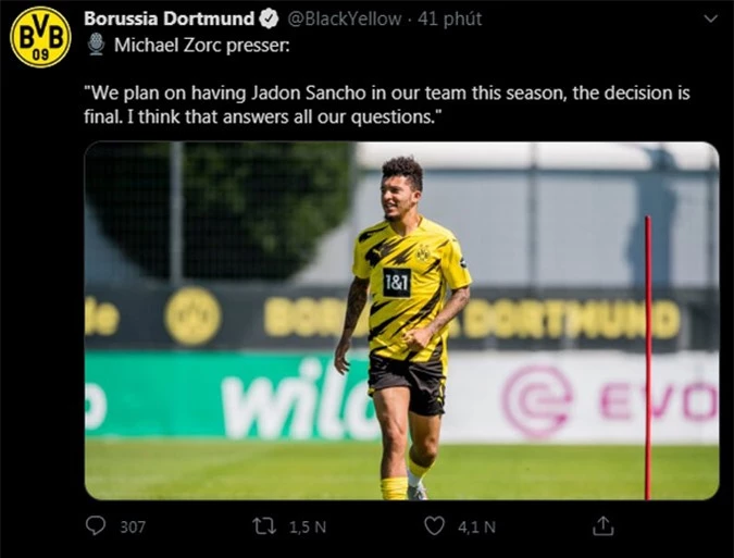 Dortmund xác nhận Sancho không sang M.U