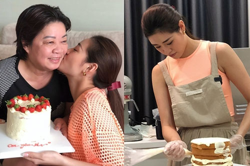 Hoa hậu Khánh Vân làm bánh kem tặng sinh nhật mẹ