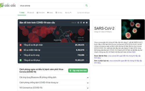Trang thông tin về virus SARS-CoV-2 trên Cốc Cốc.