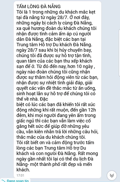Và tin nhắn của du khaachs Đinh Việt Cường gửi Phó Giám đốc Trung tâm Xúc tiến du lịch Đà Nẵng Nguyễn Thị Hương Lan
