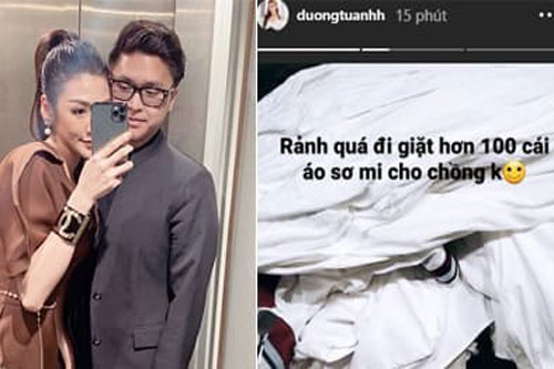 Rảnh quá, Á hậu Tú Anh mang hơn 100 chiếc áo sơ mi hàng hiệu của chồng đi giặt