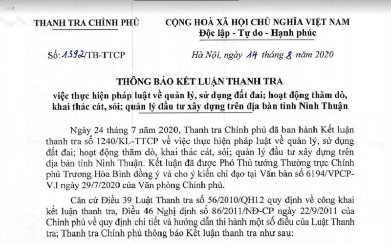 Thông báo Kết luận thanh tra của Thanh tra Chính phủ về việc thực hiện pháp luật về quản lý, sử dụng đất đai; hoạt động thăm dò, khai thác cát, sỏi; quản lý đầu tư xây dựng trên địa bàn tỉnh Ninh Thuận.