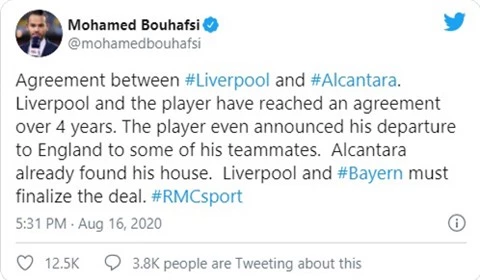 Thông tin Thiago đạt thỏa thuận cá nhân với Liverpool được tiết lộ
