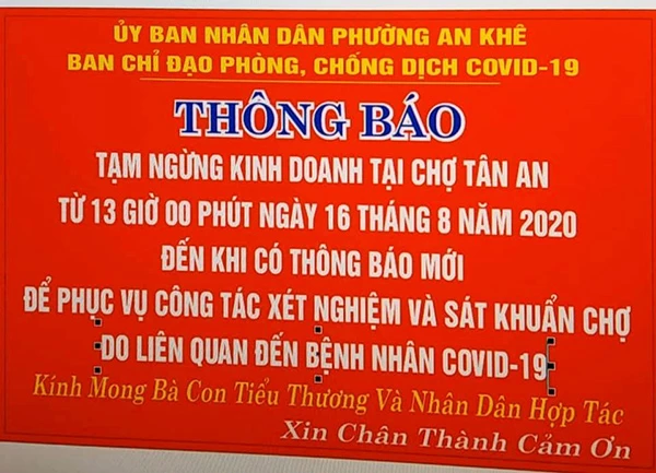 UBND phường An Khê thông báo tạm ngừng hoạt động chợ Tân An từ 13h chiều 16/8