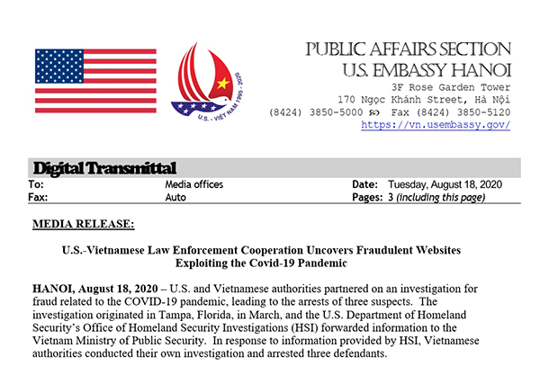 Việt Nam bắt 3 nghi phạm lợi dụng dịch Covid-19 lừa đảo gần 1 triệu USD của 7.000 người Mỹ