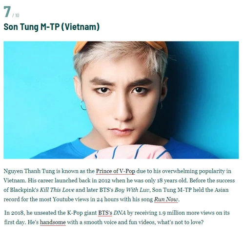 Sơn Tùng M-TP vào top 10 nghệ sĩ hot nhất châu Á.