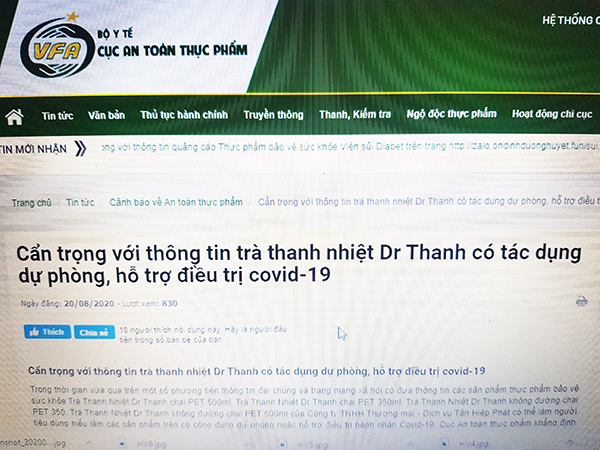 Thông tin Trà Thanh nhiệt Dr Thanh có công dụng dự phòng, hỗ trợ điều trị Covid-19 không đúng sự thật!
